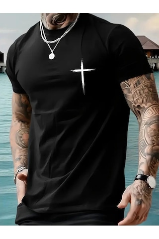 Modi Baskılı Oversize Bisiklet Yaka T-shirt - Siyah - Mymg158845
