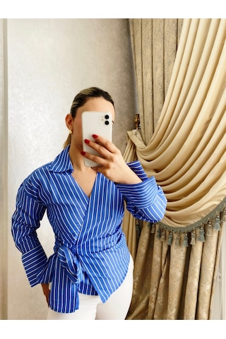 İlayla Çizgili Kruvaze Gömlek Mavi