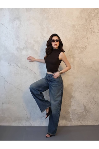 Hopıan Kadın Mavi Yüksek Bel Geniş Paça Vintage Yıkama Wide Leg Jean Pantolon Blue Jeans
