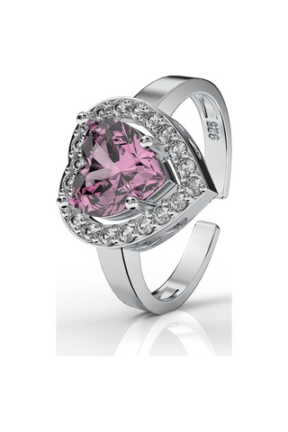 925 Ayar Pembe Taşlı Rodyum Pırlanta Işıltılı Kalp Ayarlanabilir Gümüş Yüzük Gümüş