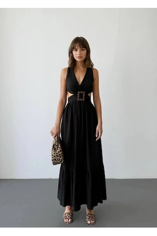 Fashion Cocktail Sırtı Omuzdan Bağlamalı Korseli Kare Degaje Tokalı Bel Yan Pencereli Uzun Yazlık Tatil Maxi Elbise Siyah