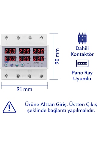 Tomzn Gerilim Ve Akım Koruma Rölesi Voltaj Koruyucu 63A 3 Fazlı Ev Tipi Ayrışık Faz Koruma