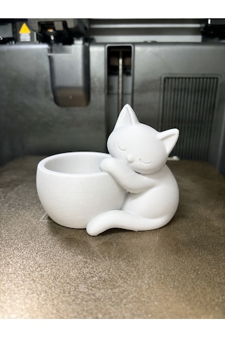 3d Baskı Sarılan Kedi Saksı - Sevimli Dekoratif Saksı - Beyaz -