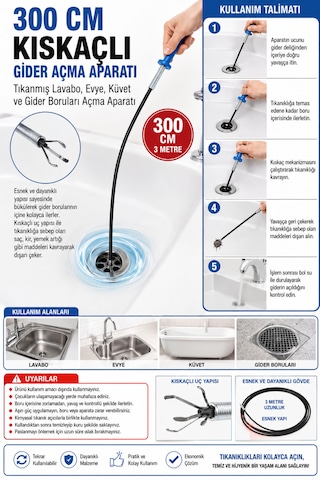 300 Cm 3 Metre Kıskaçlı Gider Açma Aparatı Tıkanmış Lavabo Evye Küvet Gider Borusu Açma Aparatı