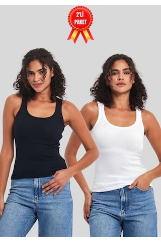 Comeor Kadın Siyah-beyaz Fitilli Görünümlü Askılı Kalın 2'li Basic Atlet Bluz Cmrb92 001