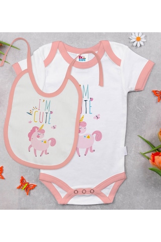 Bk Kids I'm Cute Tasarımlı Pembe Bebek Body Zıbın Ve Mama Önlüğü Çok Renkli