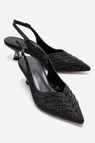 Luvishoes Royale Siyah Saten Taşlı Kadın Kısa Topuklu Abiye Ayakkabı