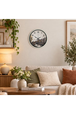 Almira Duvar Saati Amsterdam Manzarası 36 X 36 Cm Krem Duvar Saati