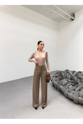 Defymoda 230 Gr Poly Viscose Lycra Metal Düğme Palazzo Pantolon Vizon