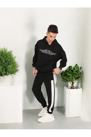 Erkek Çocuk Yazılı Kapüşonlu Sweatshirt-15238 Siyah