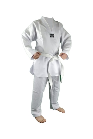 Dragondostore Dragon 10012 Fitilli Kumaş Beyaz Yaka Taekwondo Elbisesi Beyaz