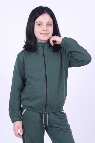 Panios Kids Kız Çocuk Dik Yaka Fermuarlı Beli Bağcıklı Lastik Paça Eşofman Takımı Haki
