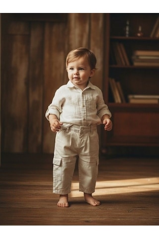 Zekids Erkek Bebek Rahat Kesim Cepli Pantolon-17196 Krem