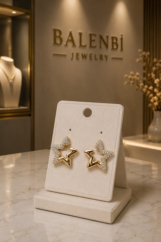 Balenbi Gold Renk Paslanmaz Çelik Yıldız Figürlü Zirkon Taşlı Küpe 1043 Altın