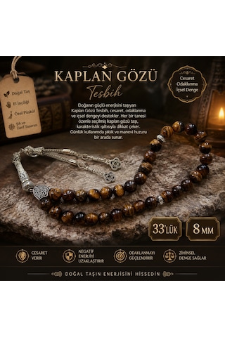 Kaplangözü El Yapımı 33'lük Doğal Taş Tesbih 8 Mm - Cesaret Ve Güç Taşı Kahverengi