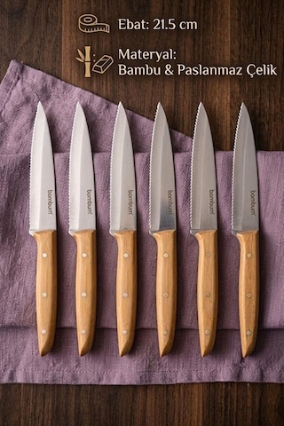 Bambum Gea 6'lı Bambu Saplı Steak Bıçağı Seti 21.5 Cm - Paslanmaz Çelik Lazer Tırtıklı Et Bıçağı