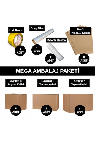 Mega Ambalaj Paketi - Taşınma Seti - Balonlu Naylon - Bant - Koli - Kraft Kağıt - Streç Film
