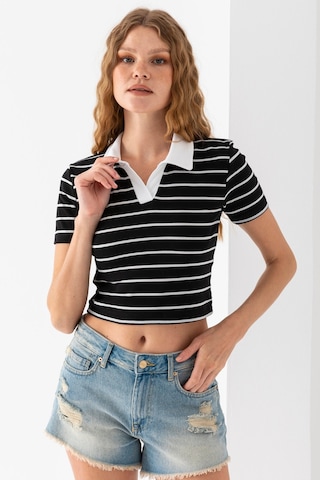 Giysa Kadın Polo Yaka Çizgili Pamuklu T-shirt Siyah Beyaz - 25795 Siyah - Beyaz