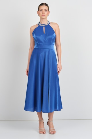 Saygın Kadın Halter Yaka Saten Midi Abiye Elbise 5624 Saks Saks