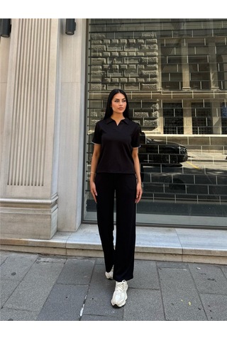WeShaya Siyah Polyester Keten Polo Yaka Takım Siyah