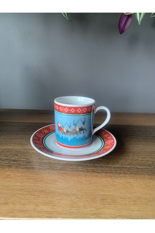 Yeni Yıl-noel Baba Geyik Model 4 Parça 2 Kişilik Porselen Türk Kahvesi Fincan Takımı Çok Renkli