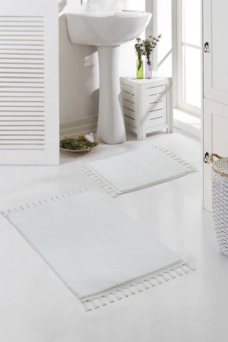 Vl Yıkanabilir Premium Ponpon Saçaklı Kaymaz Taban Post Peluş Banyo Paspası 2'li Takım Antrasit Beyaz
