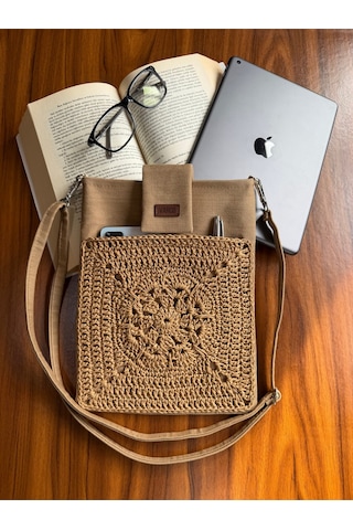 Aksesuarsepeti El Yapımı Cepli, Ayarlanabilir Askılı, Kağıt İp, Kitap Çantası, Tablet Kılıfı, Organizer Çanta Koyu Bej