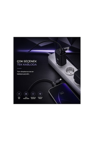 Bix Bx4ın1c 65w Usb-a & Type-c & Lightning Çok Fonksiyonlu Örgülü Şarj Ve Data Kablosu 1.2 Metre Siy