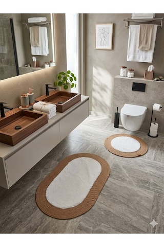 Rabbit Soft Hasır Dekoratif Klozet Takımı / Banyo Paspası / Modern / Şık /lüx / Banyo Halısı Hasır - Krem