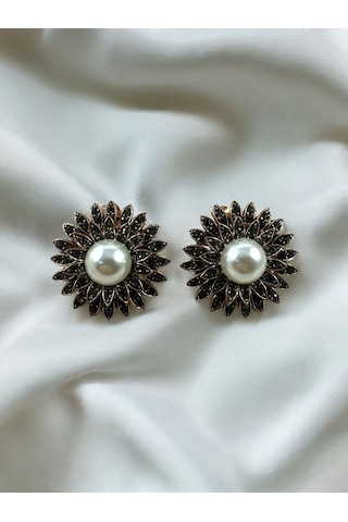Black Diamond Swarovski Taşlı İnci Çiçek Küpe Gri