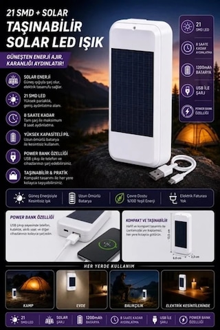 Powerbank Güneş Enerjili Kamp Tipi Fenerli Yüksek Kapasiteli Taşınabilir Solar Led Powerbank Çok Renkli