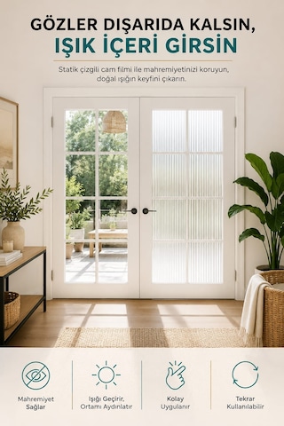 Deconitte Statik Pliseli Görünüm Buzlu Cam Filmi Yapışkansız Mahremiyet Pencere Kaplama Folyo Pvc Ev 60x100cm