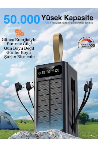 50.000 Mah Powerbank Güneş Enerjili Solar Hızlı Şarj Göstergeli Kablolu Taşınabilir Batarya 22.5w Siyah