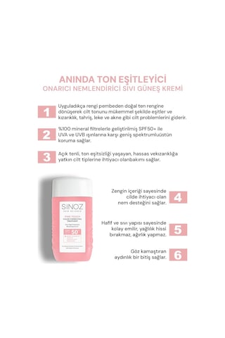 Sinoz Pink Touch Anında Ton Eşitleyici Leke Karşıtı Spf50+ Pembe Sıvı Yüz Güneş Kremi Pa++++ 50ml Sku: Smg8690010407160 Açık Bej