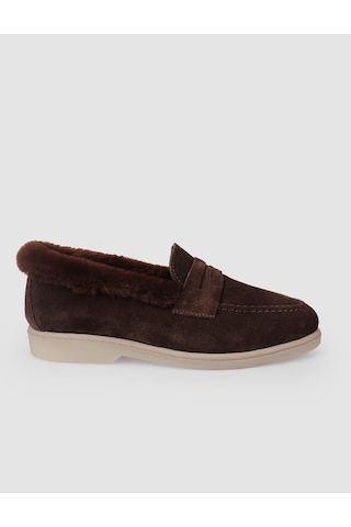 Hakiki Deri Kahverengi Süet Kürklü Kadın Loafer Kahverengi