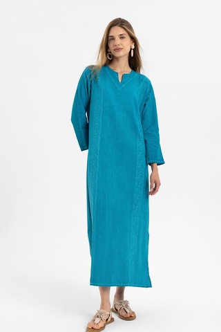 Turkuaz İşlemeli Uzun Kollu Astarsız Pamuklu Uzun Elbise-turkuaz Turkuaz