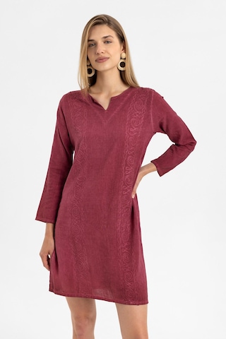 Bordo İşlemeli Uzun Kollu Astarsız Pamuklu Kısa Elbise-bordo