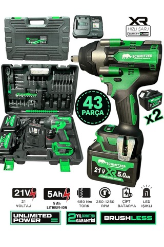 Schmıtzer Sch-9502y Pro 21v 15 Pilli Çift Akülü Kömürsüz Darbeli Vidalama 650 Nm Somun Sıkma Sökme Matkap