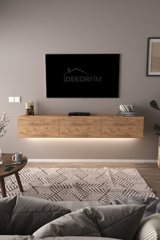 Df17103 3 Dolaplı Duvara Monte Tv Ünitesi 180 Cm Modern Askılı Dekoratif, Şık Stilde Tv Sehpası Atlantik Çam Beyaz