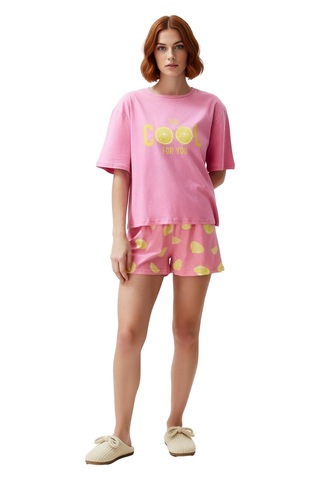 Ersefa Kadın Limon Desenli Bisiklet Yaka Kısa Kollu Pijama Takımı Fonksi Pembe