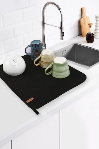 Microfiber Bulaşık Kurutma Matı 46x36 cm Kurulama Bezi Kurutma Örtüsü Tezgah Üstü Siyah