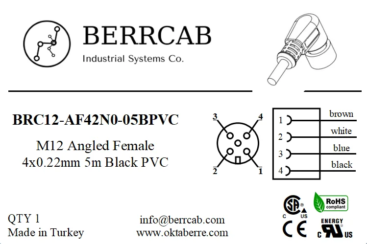 Berrcab M12 Açılı Dişi 4 Pin 5 Metre Pvc Kablolu Konektör - Sensör/aktüatör Kablosu