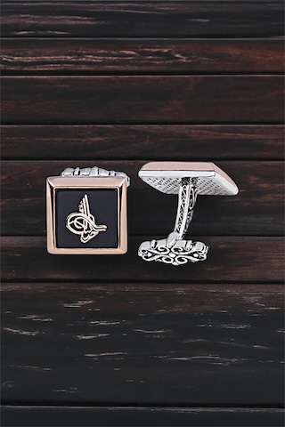 Gümüş Onix Taşlı Tuğralı Kare Kol Düğmesi