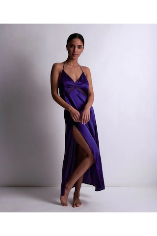 Aubade Silk Desire Uzun Gecelik Derin Dekolteli Saten Guipure Dantel Detaylı Sırt Dekolteli Elbise Mor