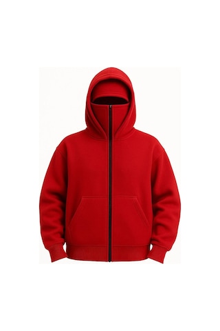 Kadın Samuray Ninja Çift Kapşonlu Zıp Fermuarlı Kanguru Çepli Hoodie Maske Detaylı Swetshirt - Kırmı Kırmızı