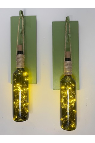 Led Işıklı Yeşil Ahşap Renkli Retro Şarap Şişesi Duvar Aplik 2'li Set Yeşil