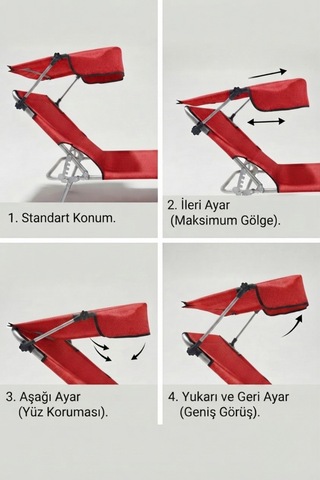 Gölgelikli Premium Katlanabilir Yastıklı Lüks Şezlong Kırmızı Havuz, Bahçe, Teras Sandalyesi