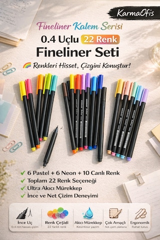 22 Renk Fineliner Kalem Seti 0.4 Mm Neon,pastel,canlı Pensan İnce Uç Çizim Kalemi Seti