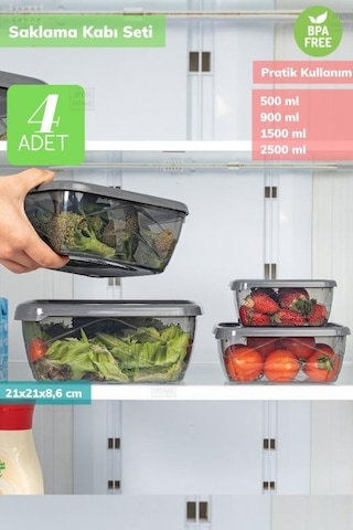 4 Lü Kare Saklama Kabı Seti Erzak Kabı Buzdolabı Kabı Büyük Boy Bpa Free Şeffaf