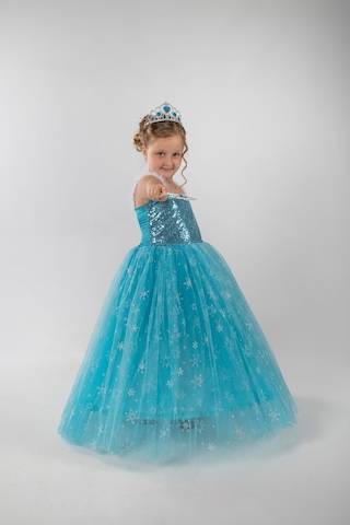 Parti Selesi Elsa Kostüm - Frozen Elbise - Askılı Tarlatanlı Eldiven Taç Asa Mavi Gelinlik Karlar Kıraliçesi Mavi